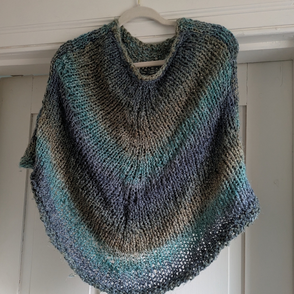 Handknitted Poncho- Very Soft w/ Muted Blue & Green Shades- OS - Picture 2 of 3